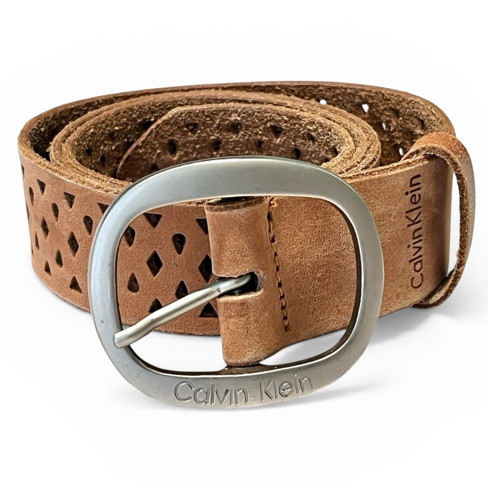 Vintage Calvin Klein Tan Leather Belt Perforated Brushed Silver-Tone Buckle Sz M